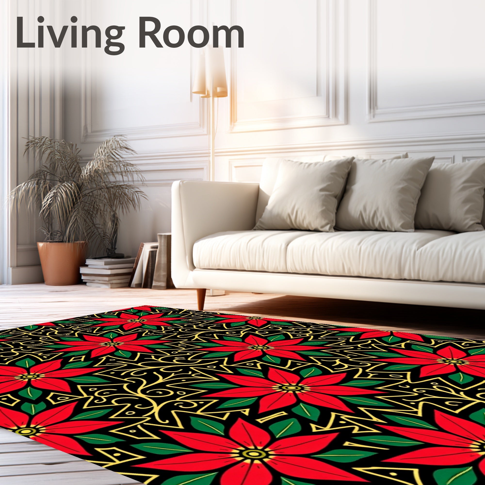 Red Poinsettia Black Gold Swirl Rug