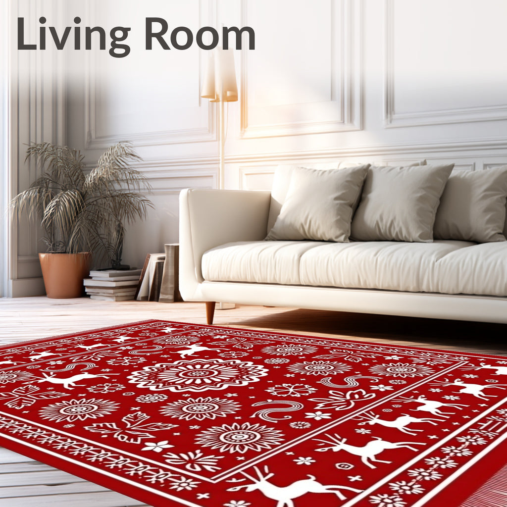 Red White Reindeer Floral Medallion Rug