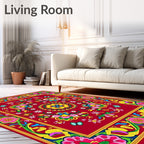 Vibrant Red Floral Butterfly Garden Rug