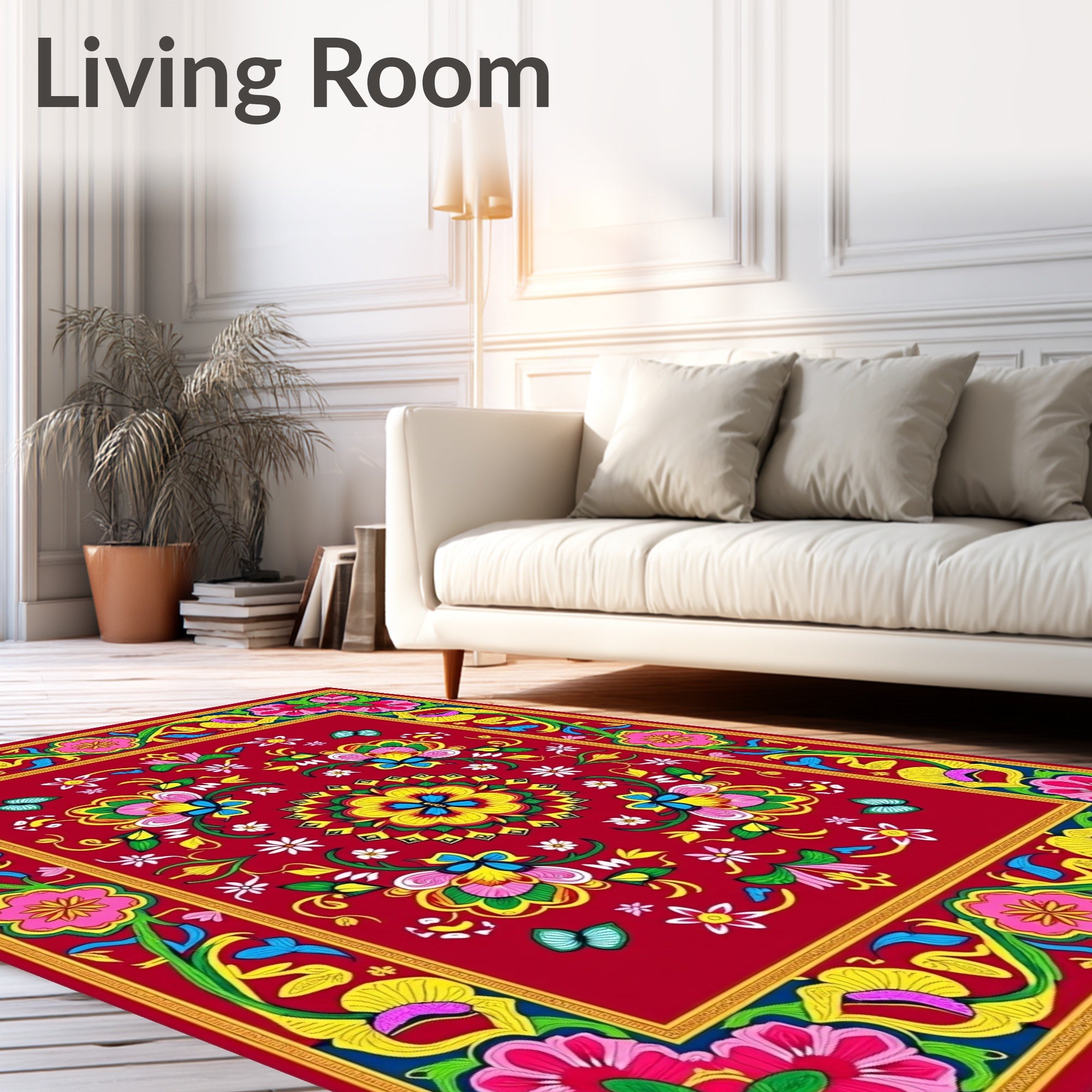 Vibrant Red Floral Butterfly Garden Rug