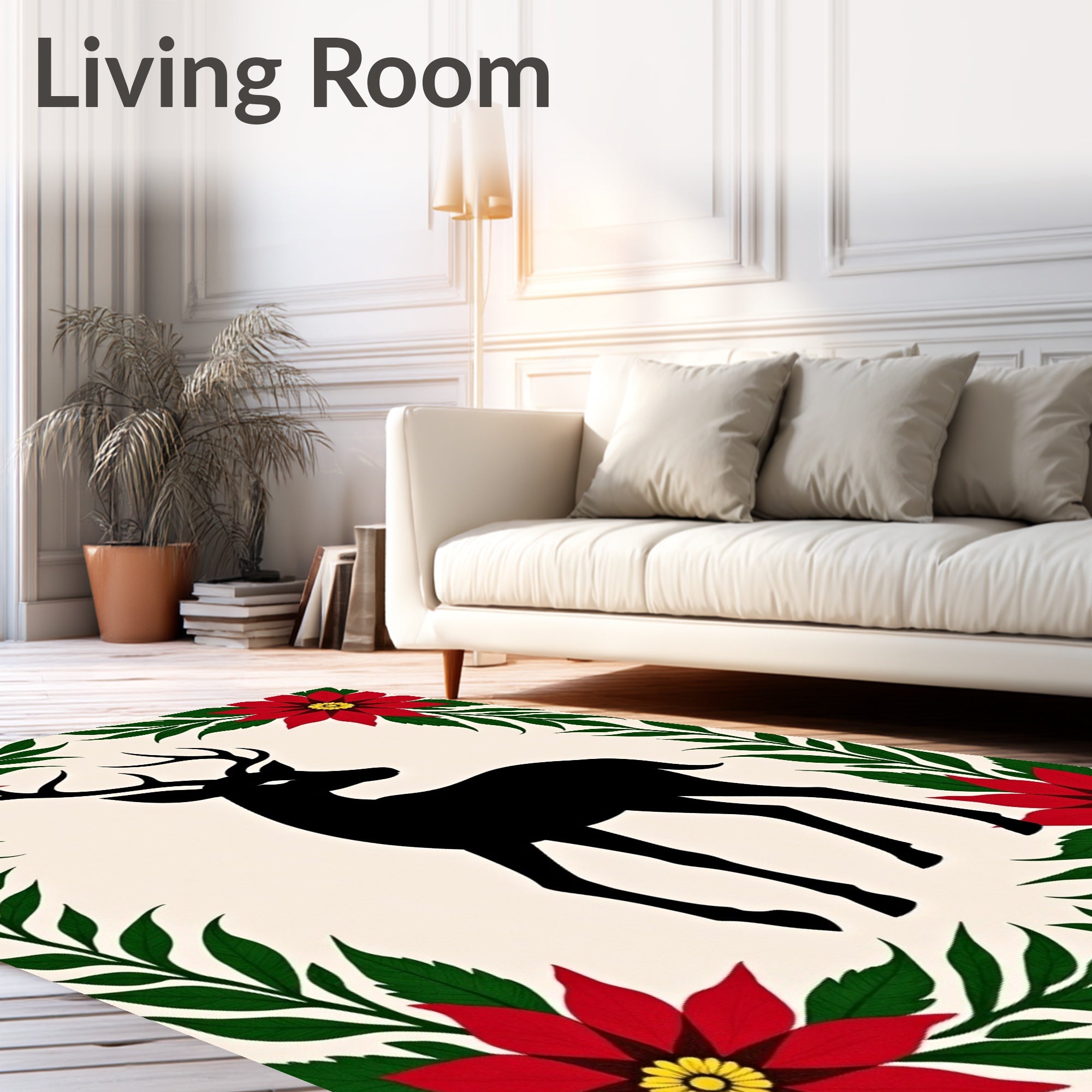 Black Deer Red Poinsettia Garland Rug