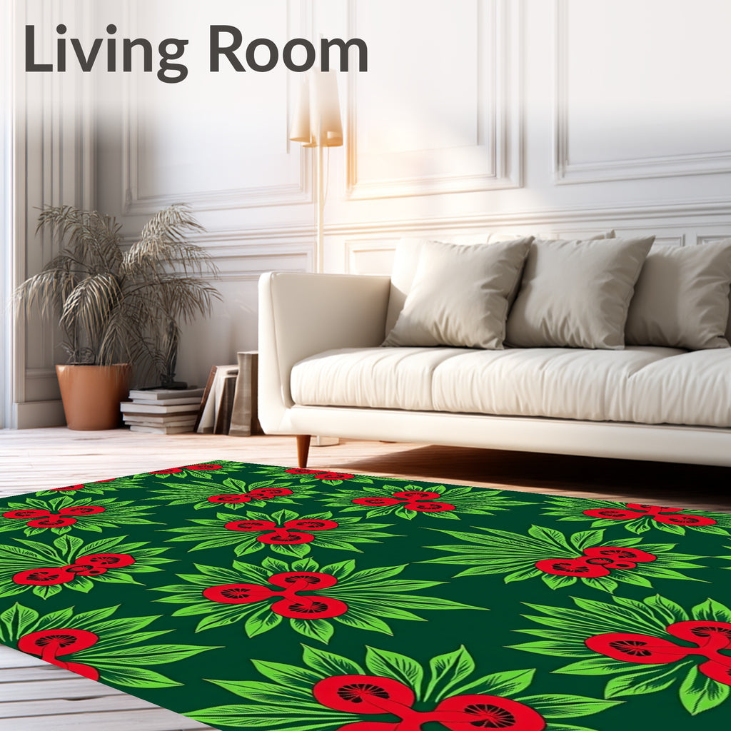 Bold Red Green Tropical Floral Arrangement Rug