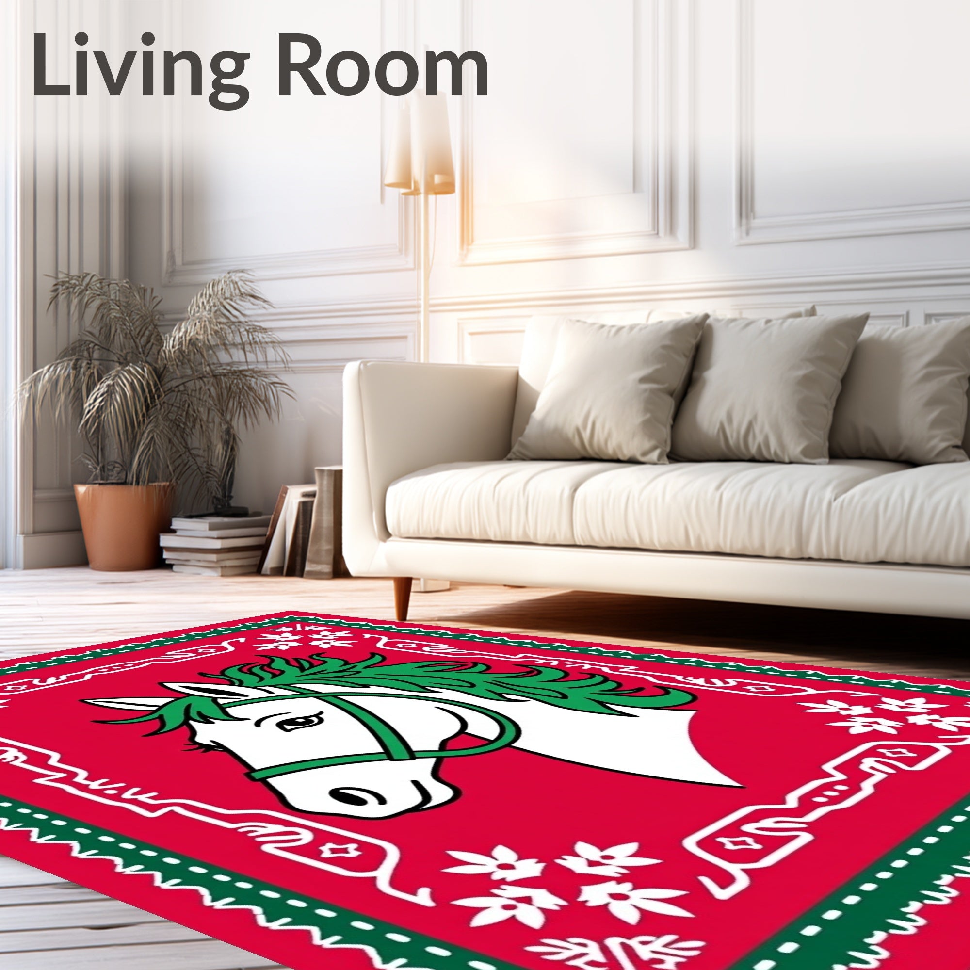 Whimsical Red Green Horse Portrait Rug