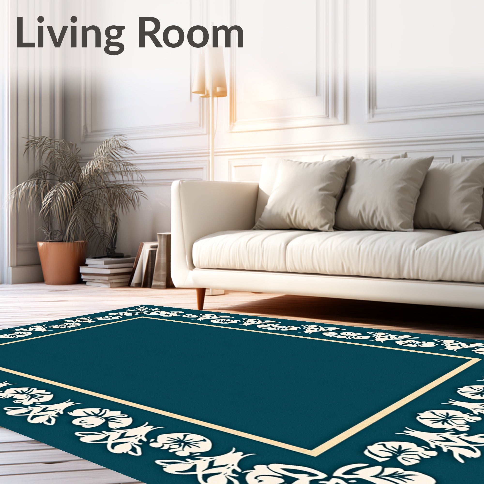Deep Teal Floral Border Rug
