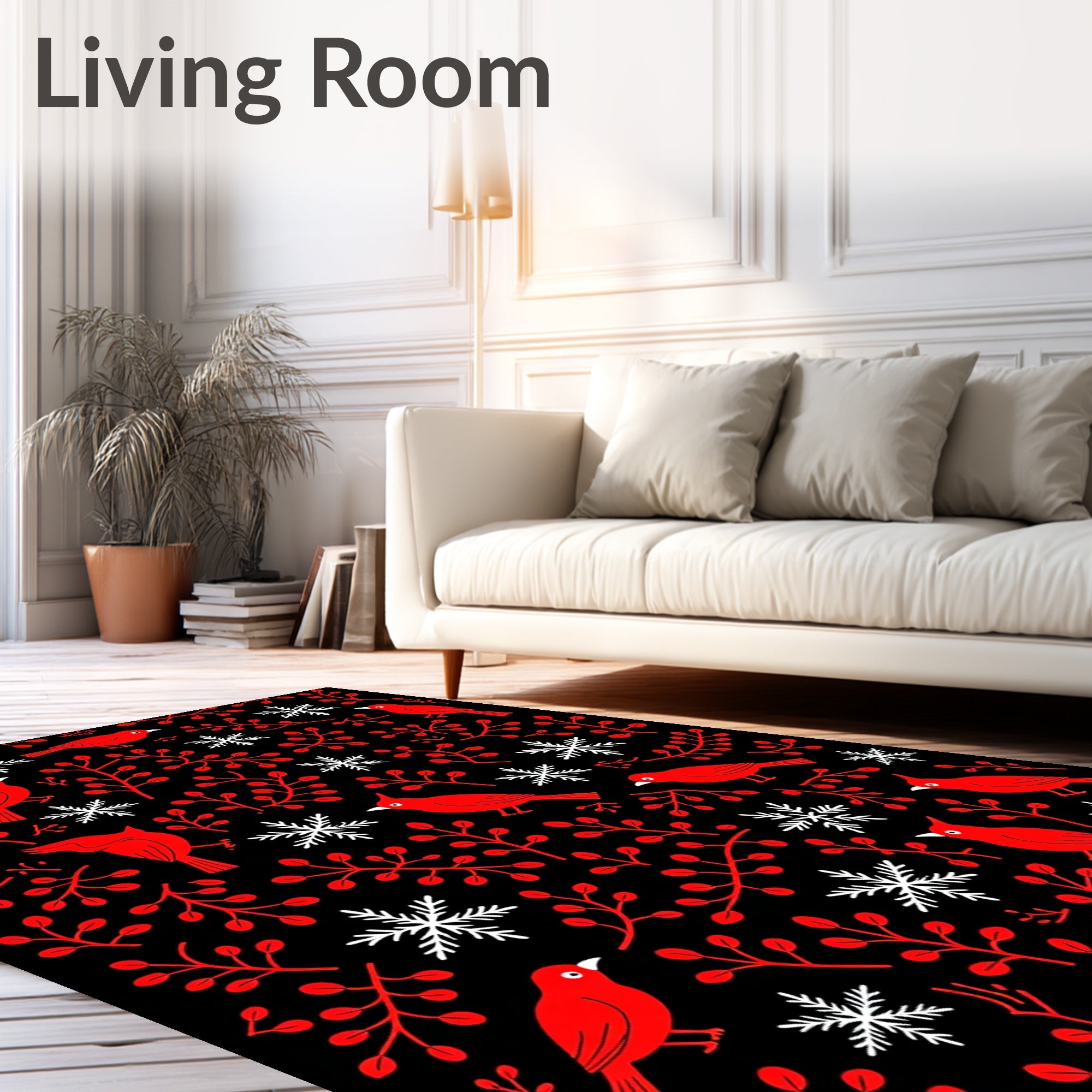 Red Cardinal Snowflakes Black Rug