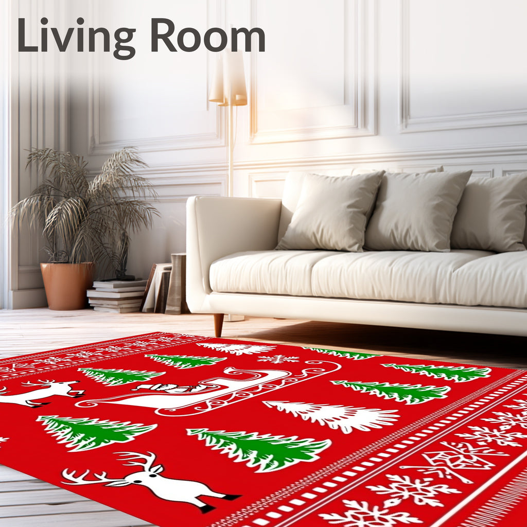 Red Christmas Trees Reindeer Santa Sleigh Rug