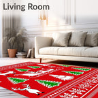 Red Christmas Trees Reindeer Santa Sleigh Rug