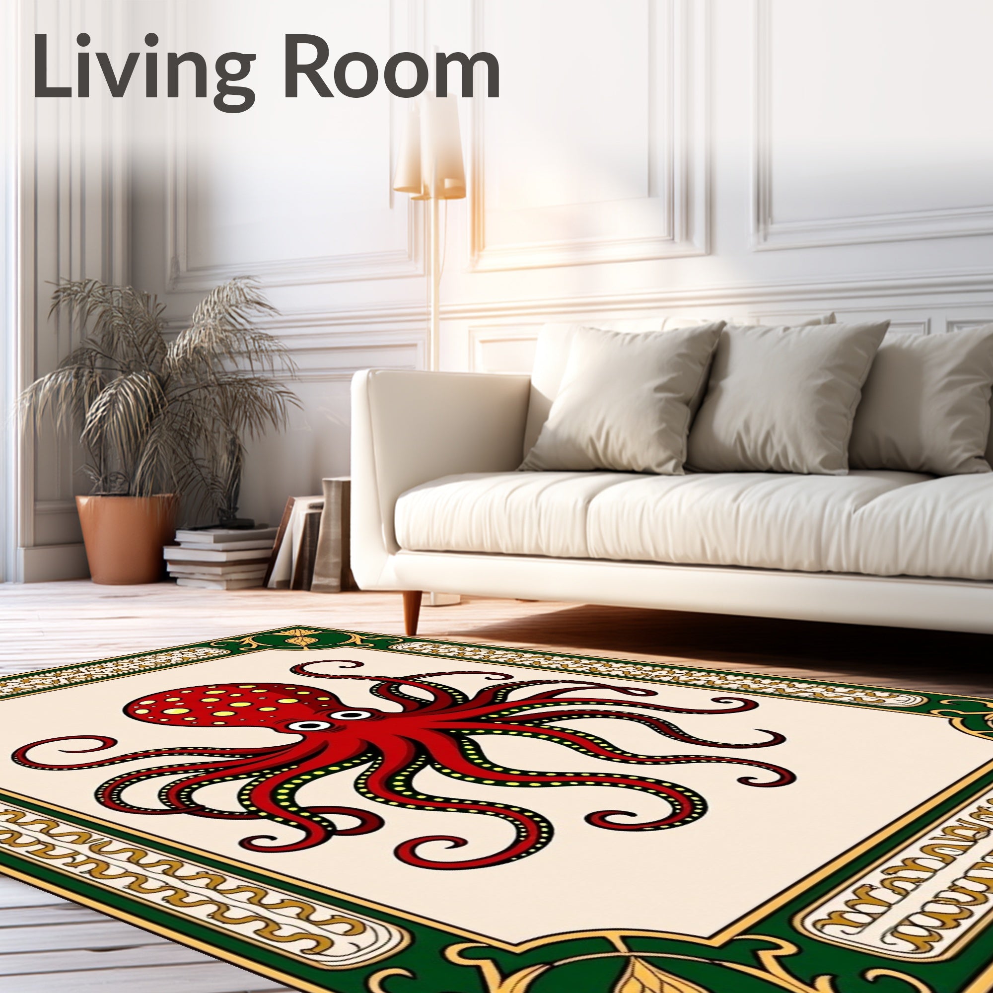 Crimson Octopus Floral Frame Rug