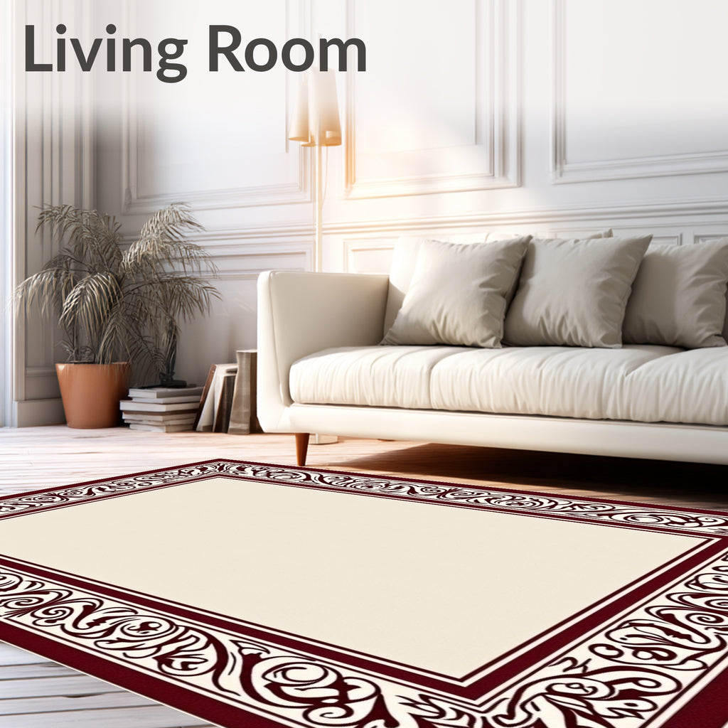 Deep Burgundy Ornate Scroll Border Rug