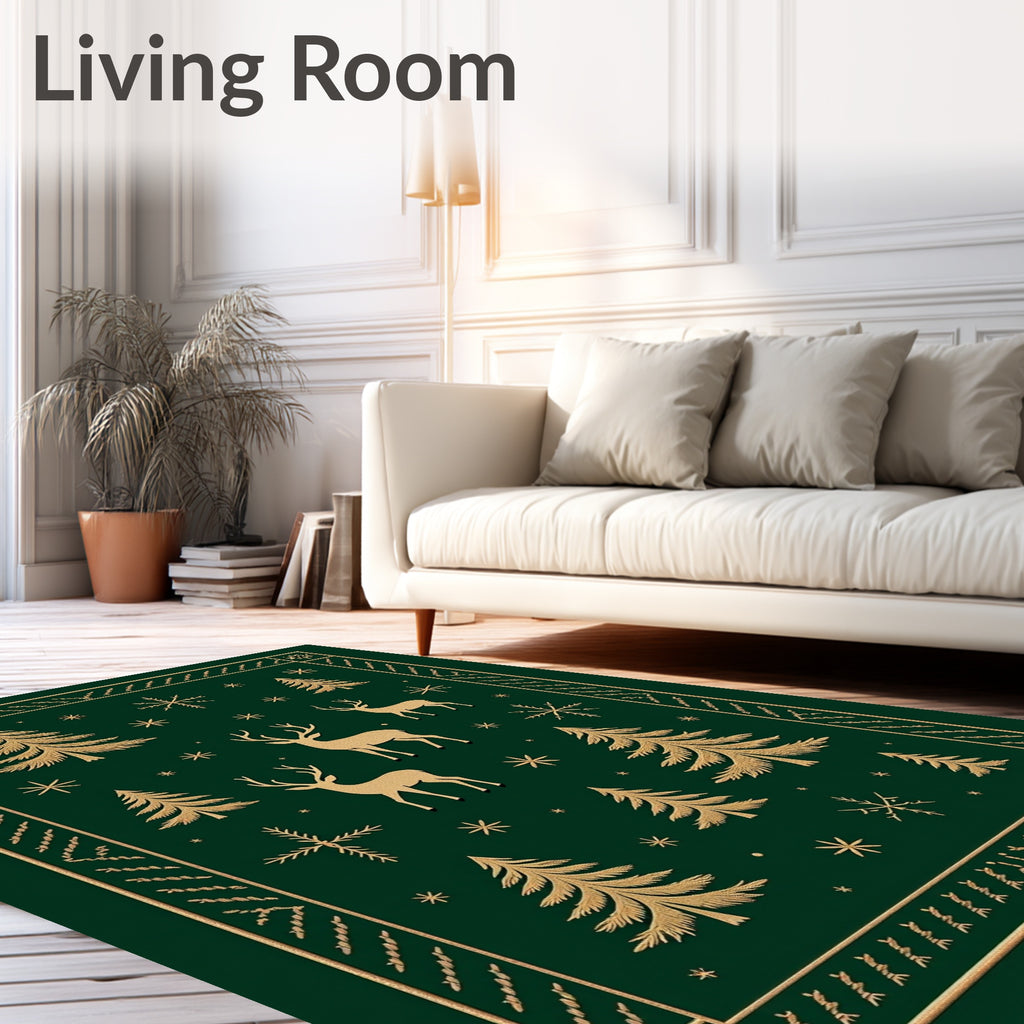 Golden Deer Evergreen Forest Snowflake Rug