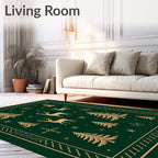 Golden Deer Evergreen Forest Snowflake Rug