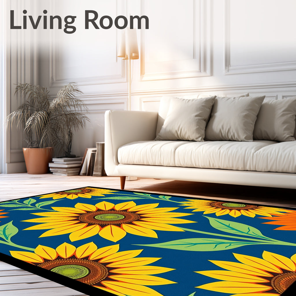 Vibrant Sunflower Garden With Blue Background Rug