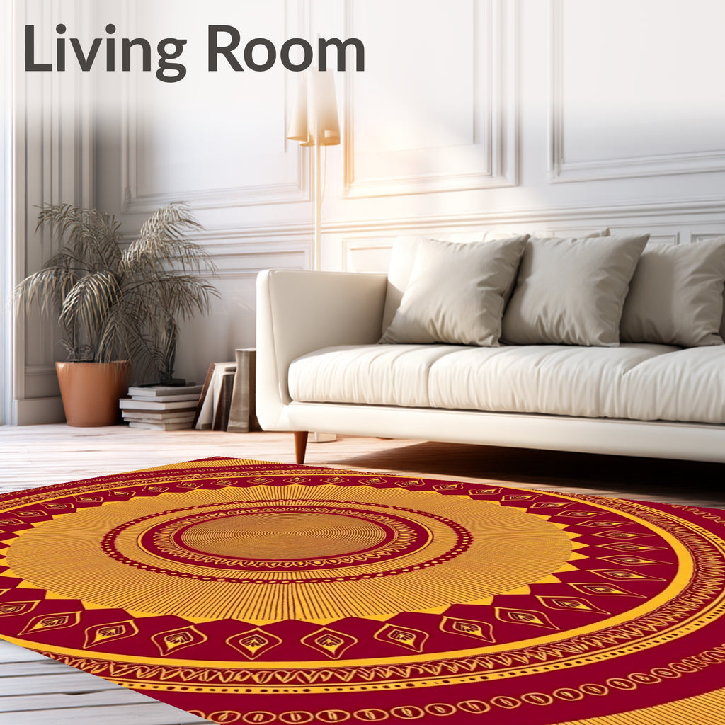 Crimson Gold Radial Sunburst Mandala Rug