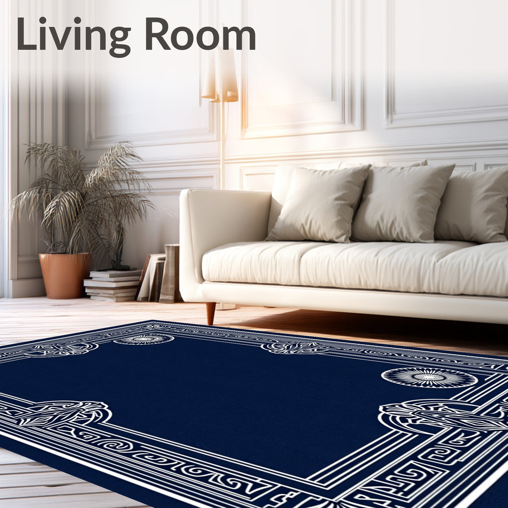 Art Deco Navy White Concentric Floral Rug