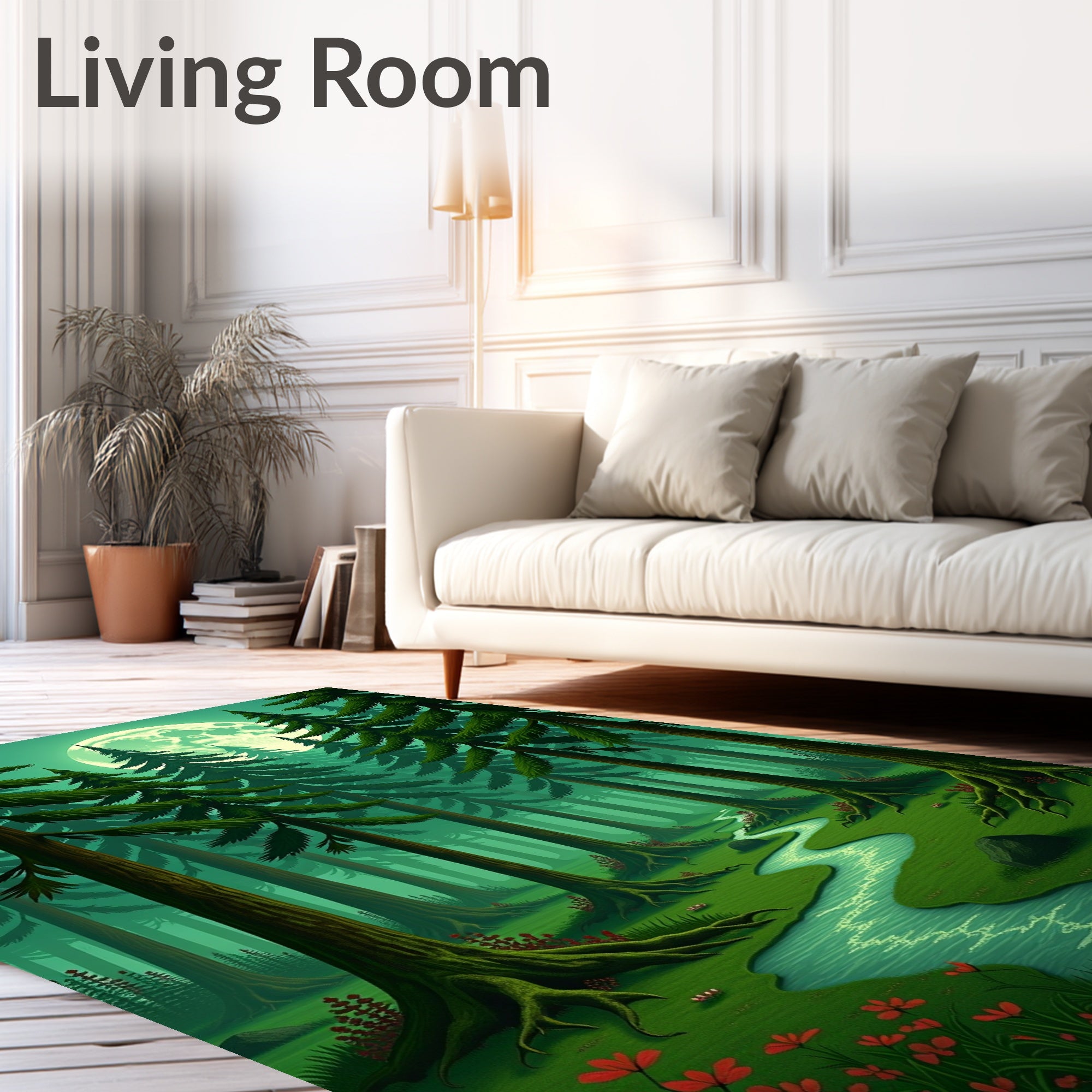 Moonlit Forest Stream With Red Flowers Rug