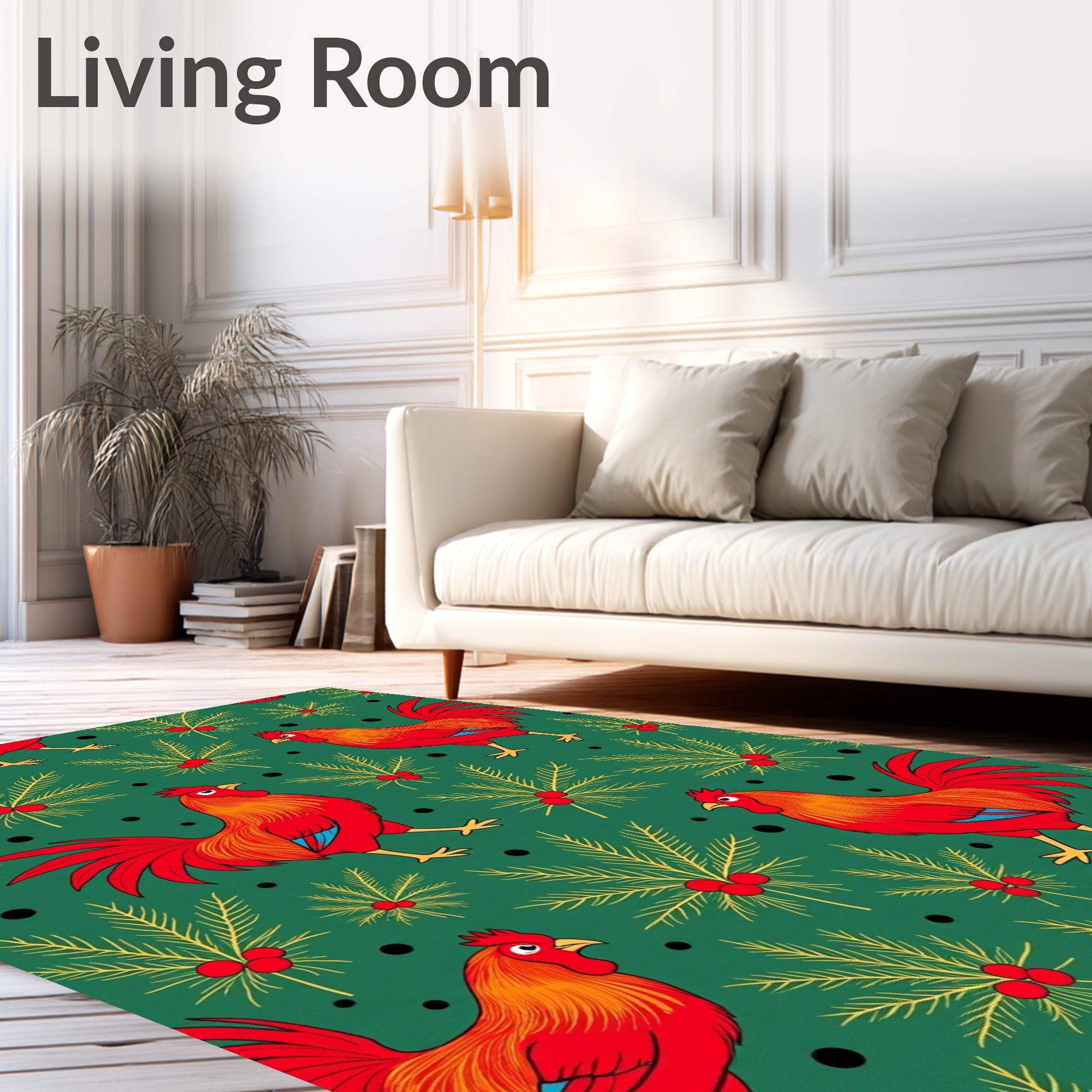 Crimson Roosters Festive Evergreen Branches Rug