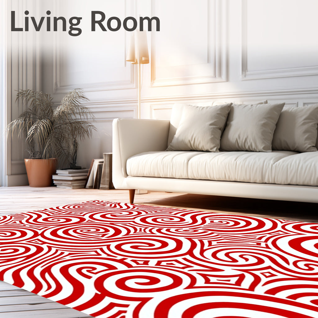 Vibrant Red Swirl Geometric Collage Rug