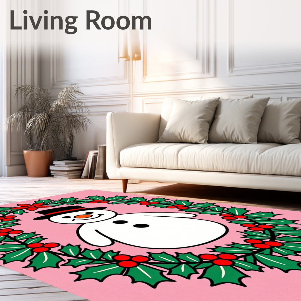 Pink Holly Wreath Snowman Holiday Rug