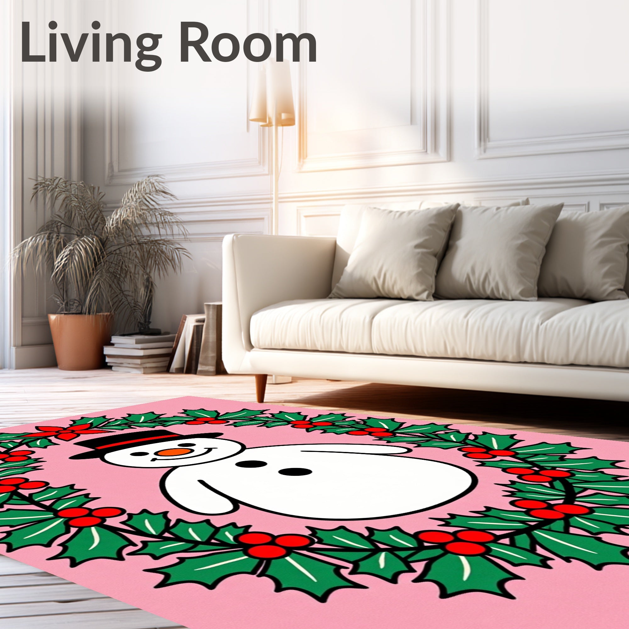 Pink Holly Wreath Snowman Holiday Rug