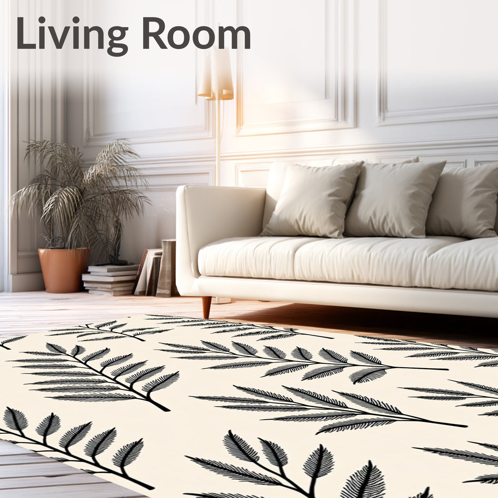 Black Fern Branch Cream Background Rug
