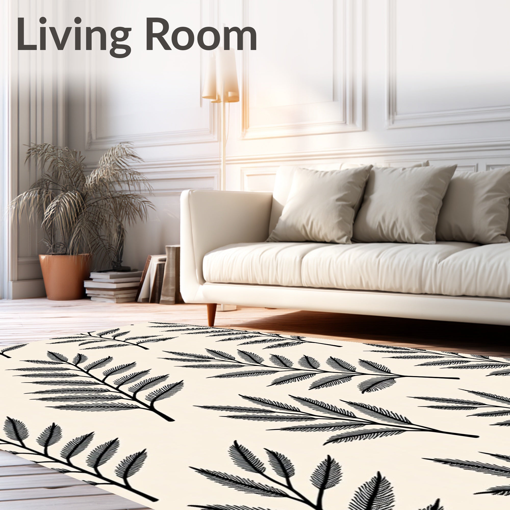 Black Fern Branch Cream Background Rug