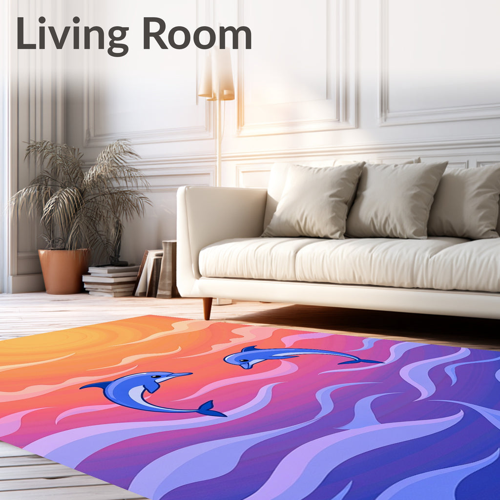 Joyful Blue Dolphins Sunset Ocean Waves Rug