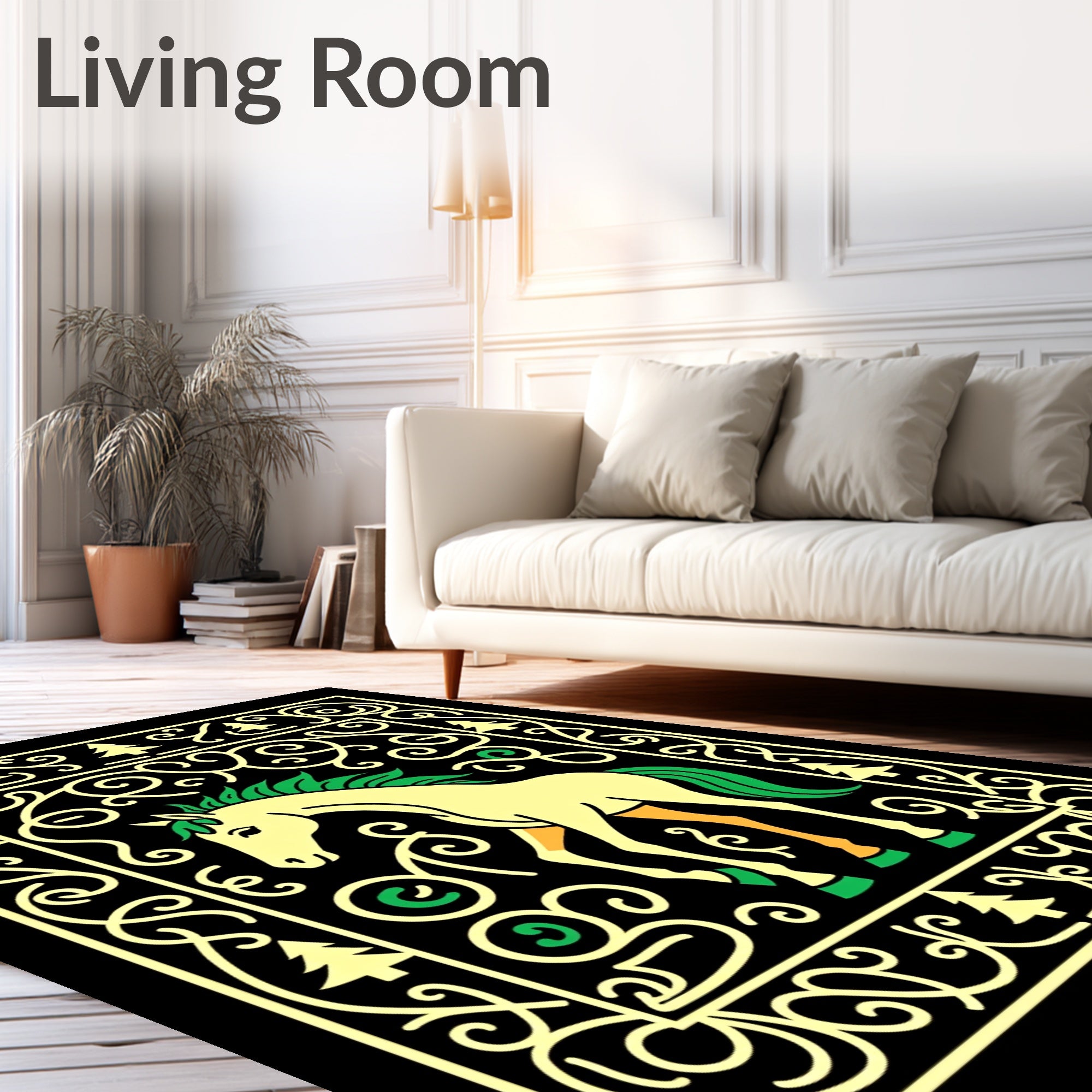Yellow Horse With Green Mane Border Rug