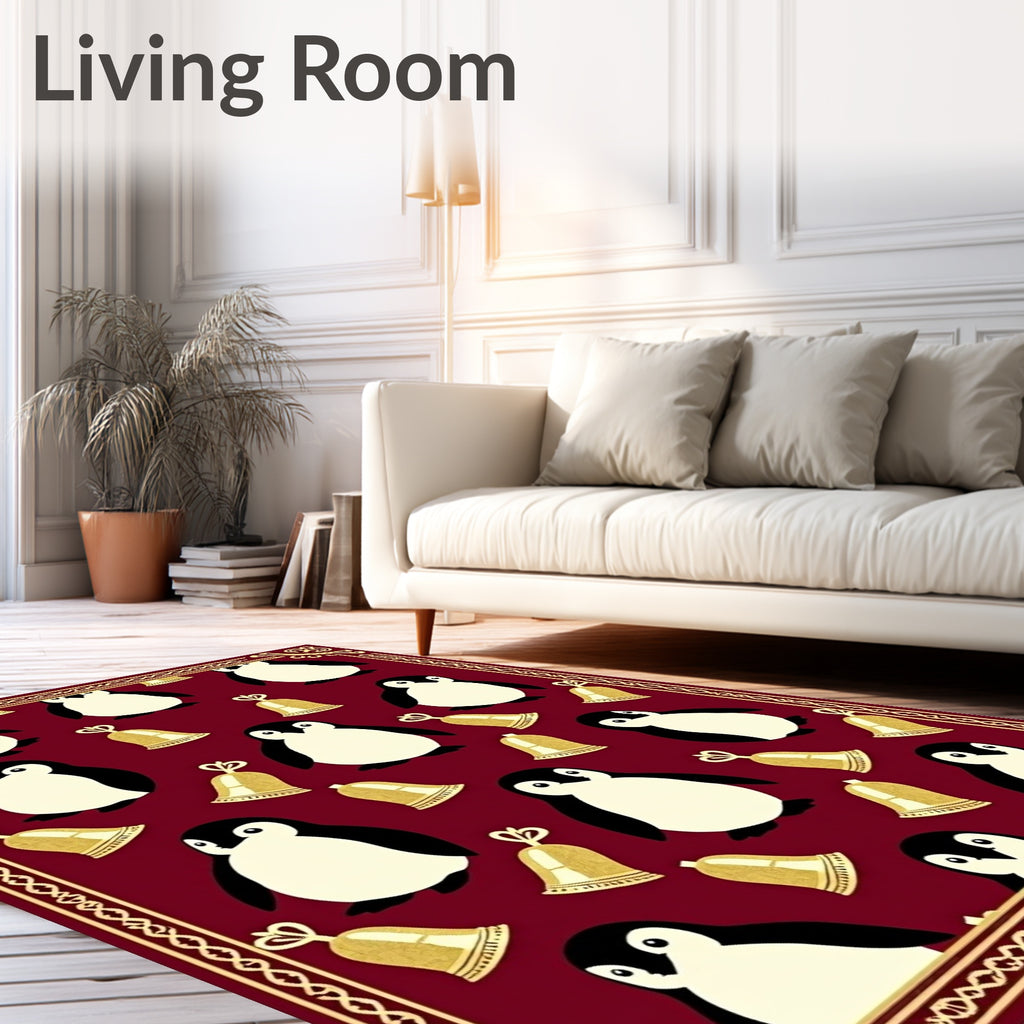 Crimson Penguin and Bells Charm Rug