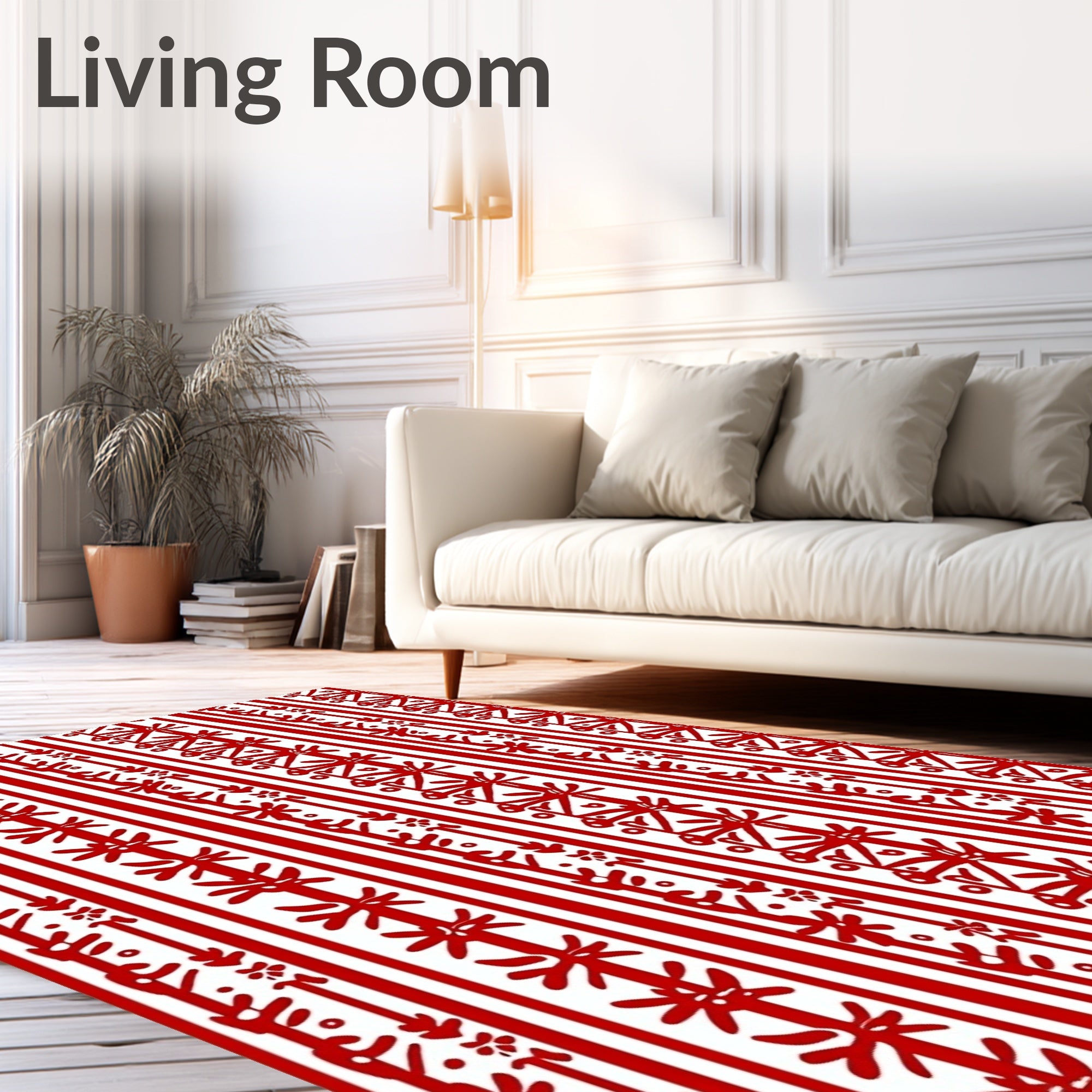 Red White Vertical Stripe Floral Motif Rug
