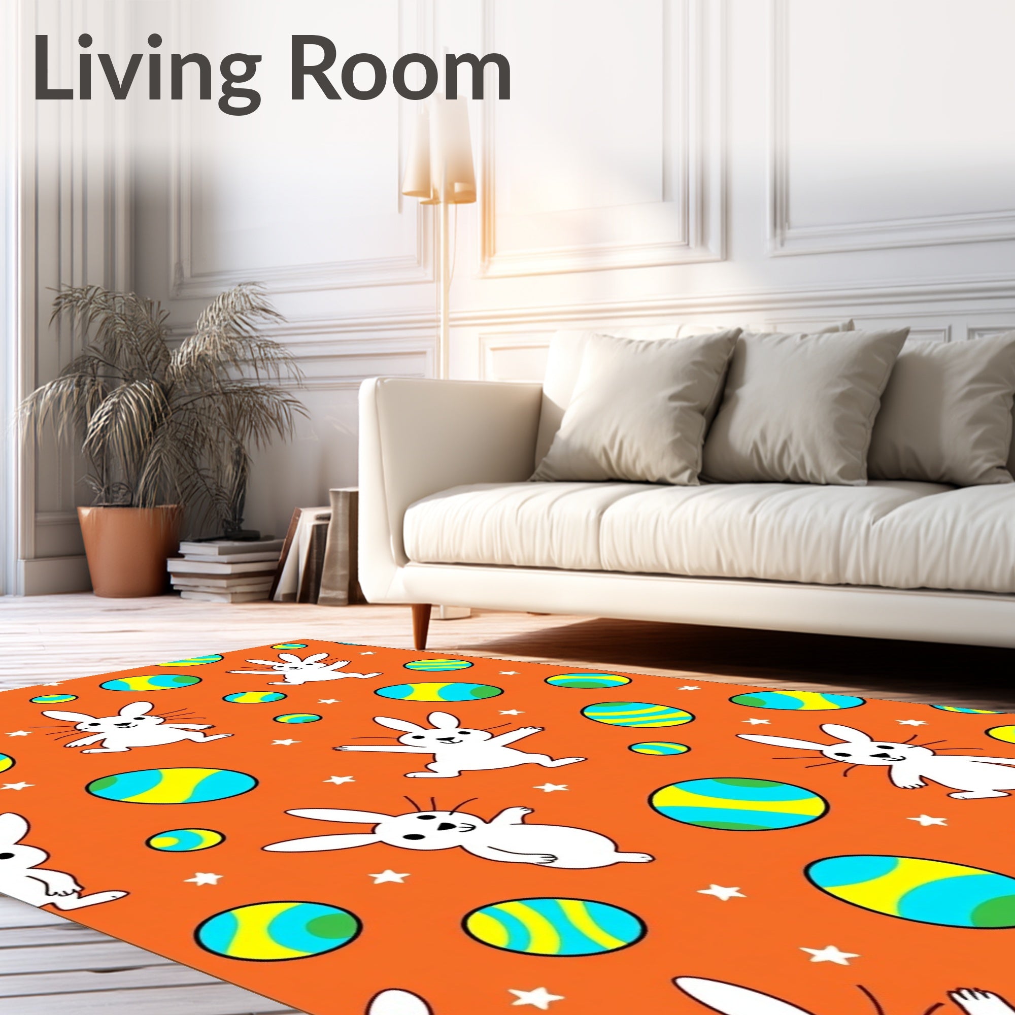 Whimsical White Bunnies Easter Eggs Orange Rug