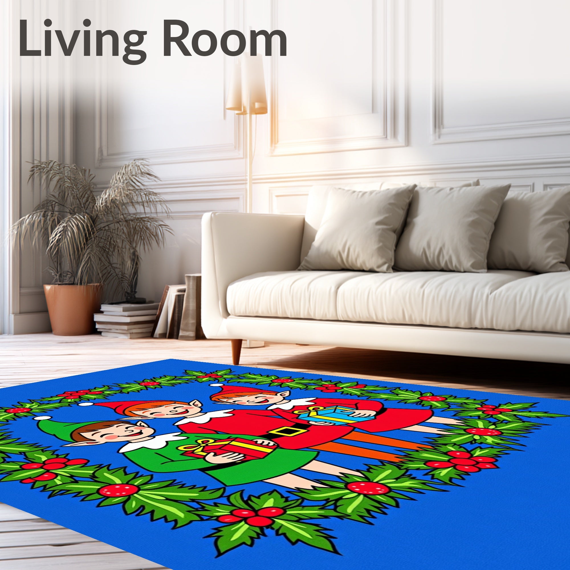Christmas Elves Holly Wreath Border Rug