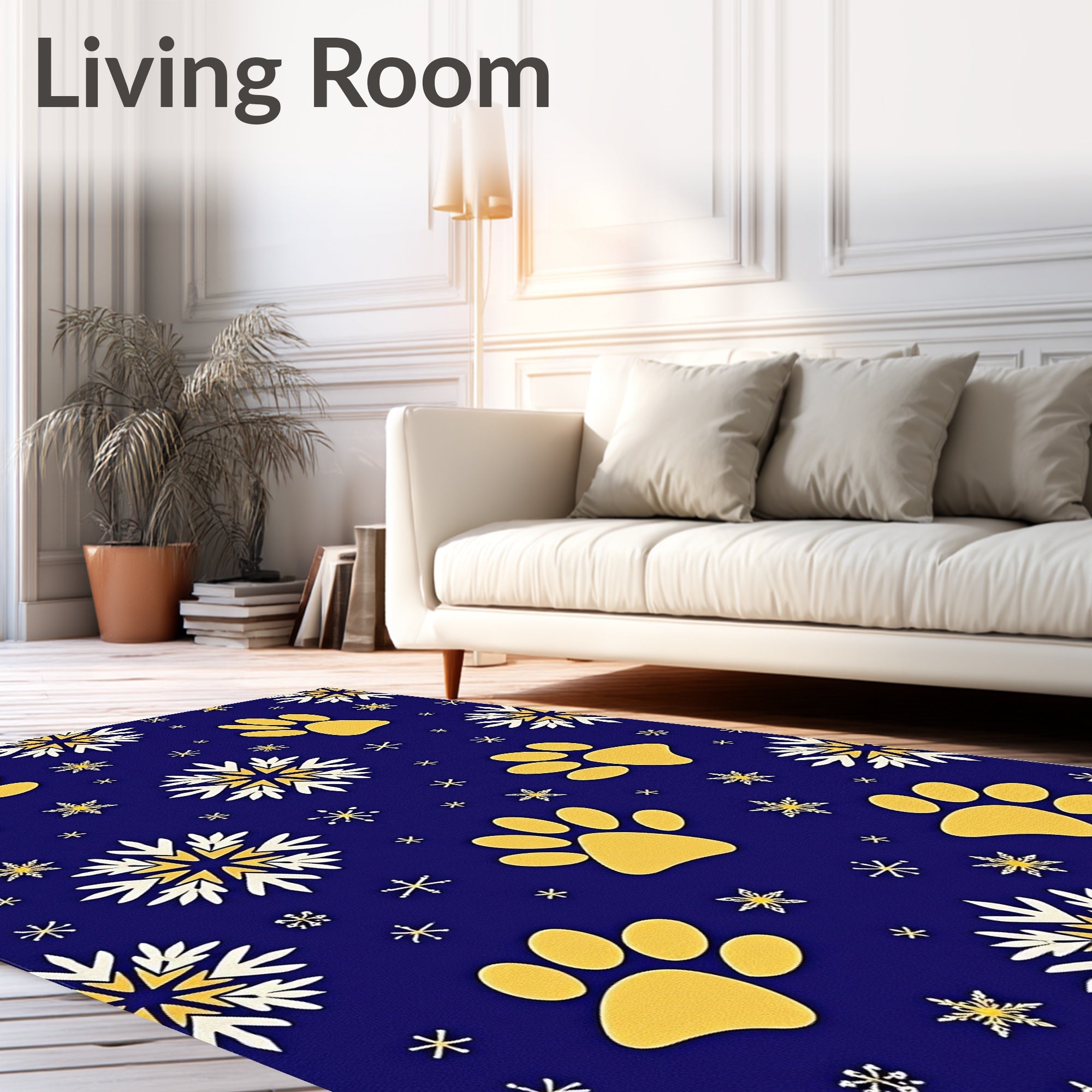 Gold Paw Snowflakes Blue Rug