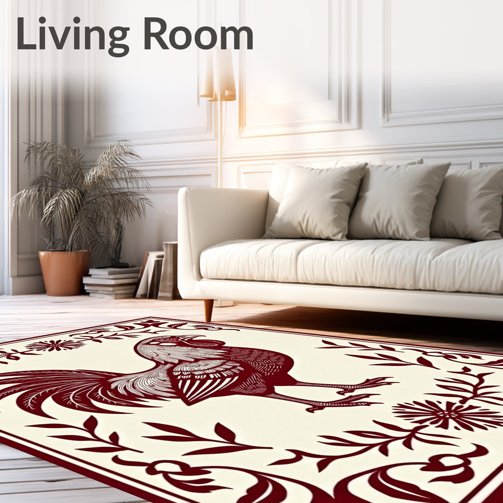 Crimson Rooster Floral Border Rug