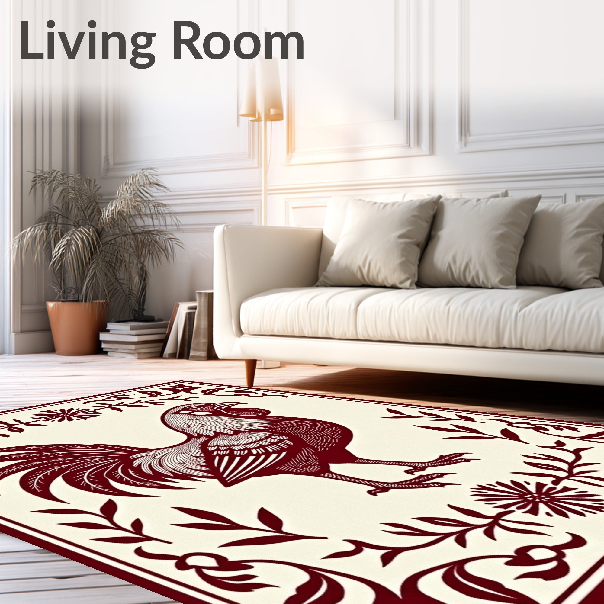 Crimson Rooster Floral Border Rug