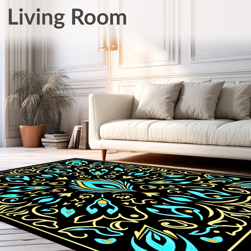 Turquoise Yellow Floral Scrollwork Symmetry Rug