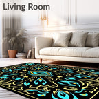 Turquoise Yellow Floral Scrollwork Symmetry Rug