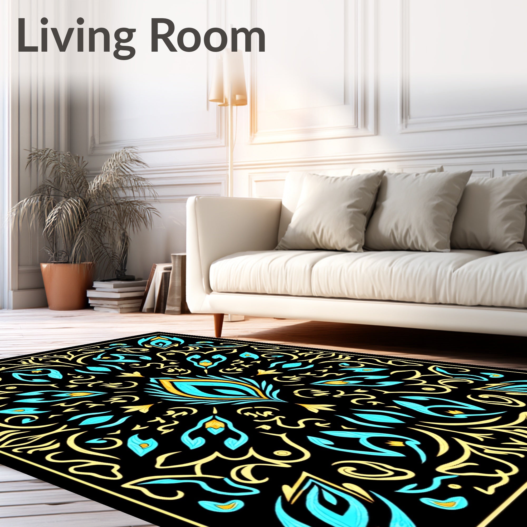 Turquoise Yellow Floral Scrollwork Symmetry Rug