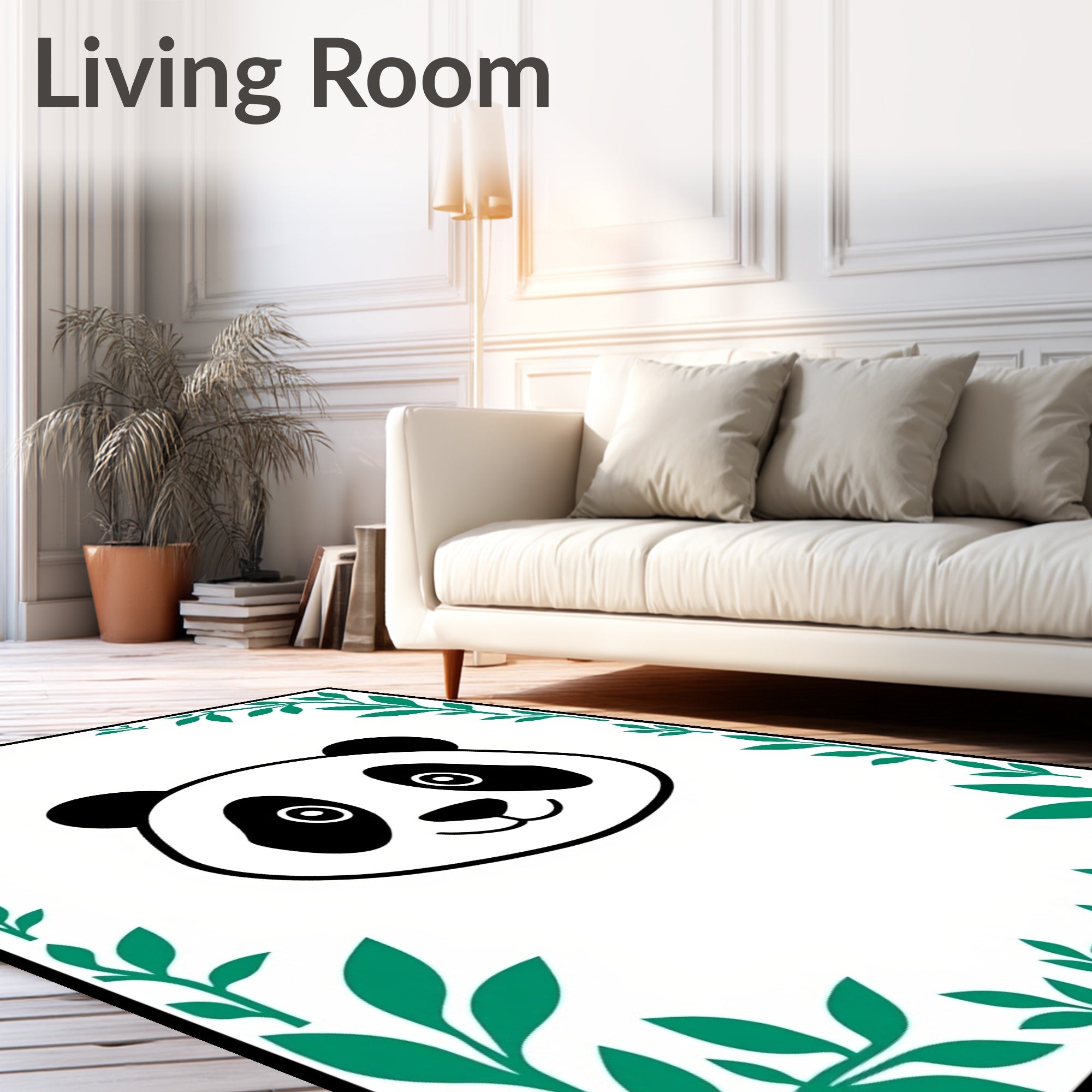 Playful Panda with Green Bamboo Frame Rug