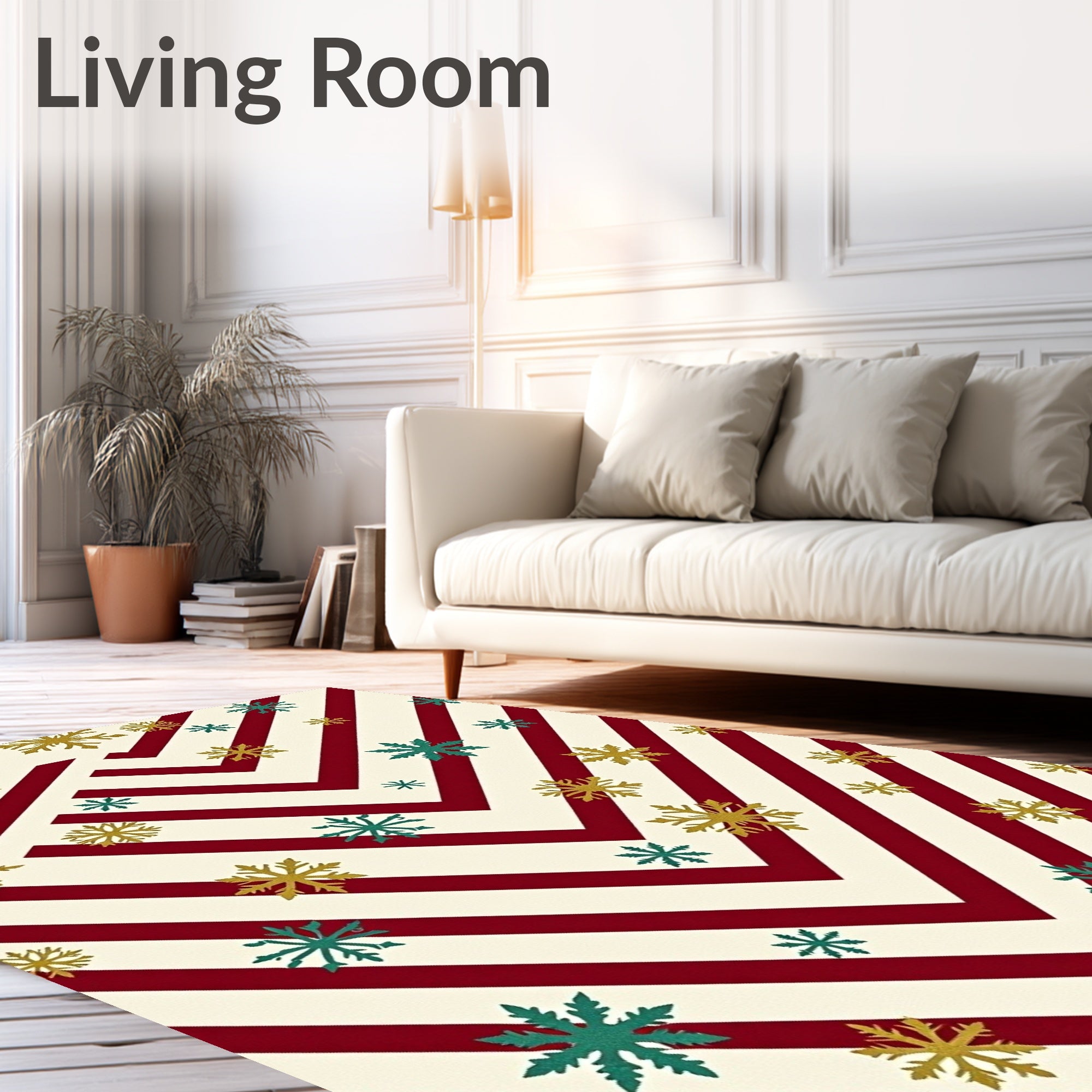 Crimson Snowflakes on Beige Stripes Rug