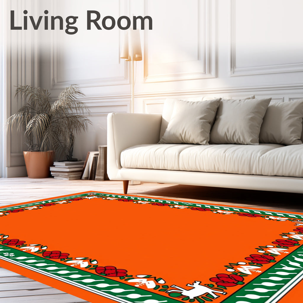Orange White Red Green Animal Border Rug