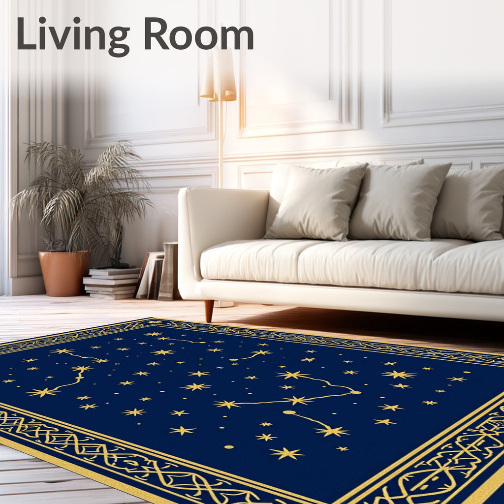 Deep Blue Golden Starry Constellation Border Rug