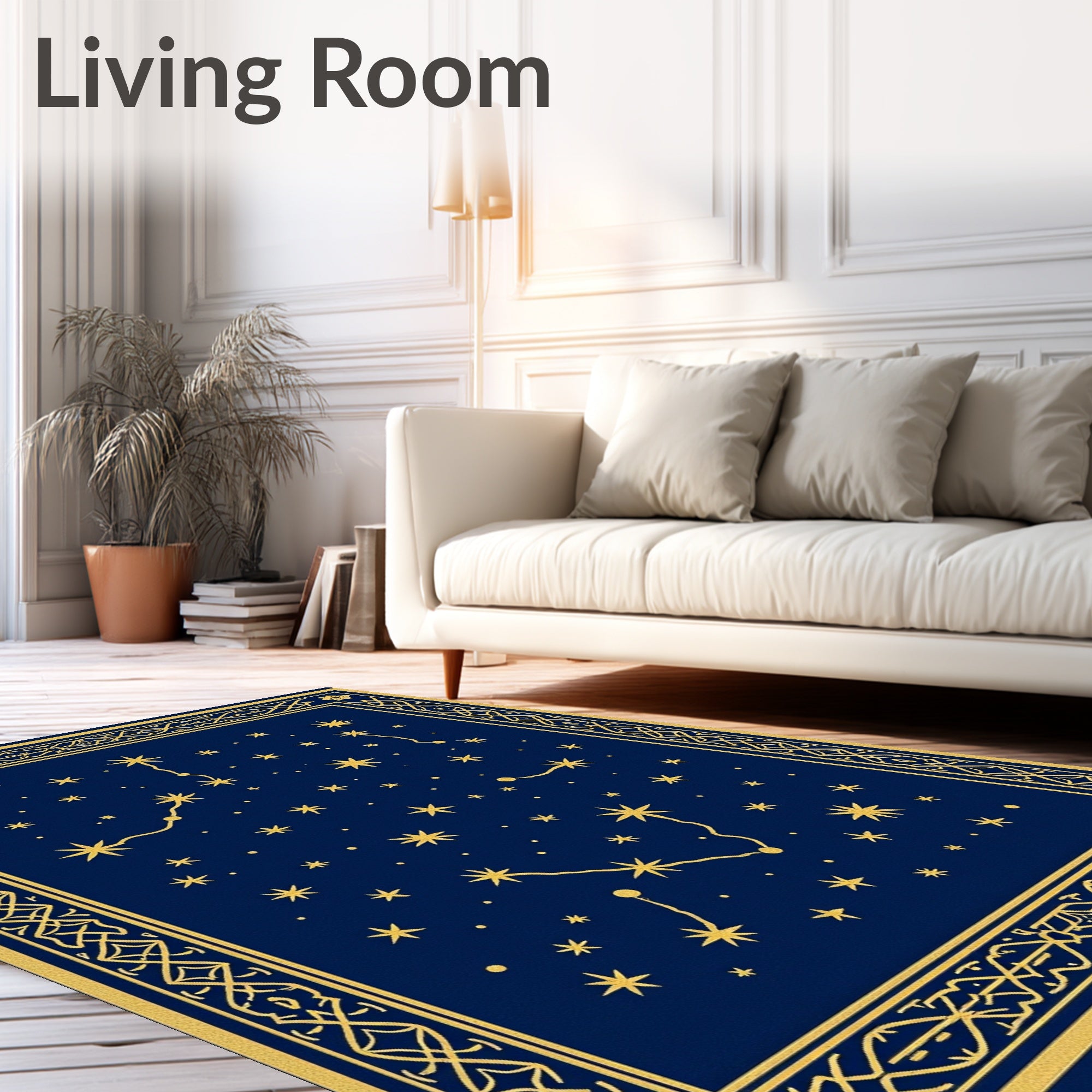 Deep Blue Golden Starry Constellation Border Rug