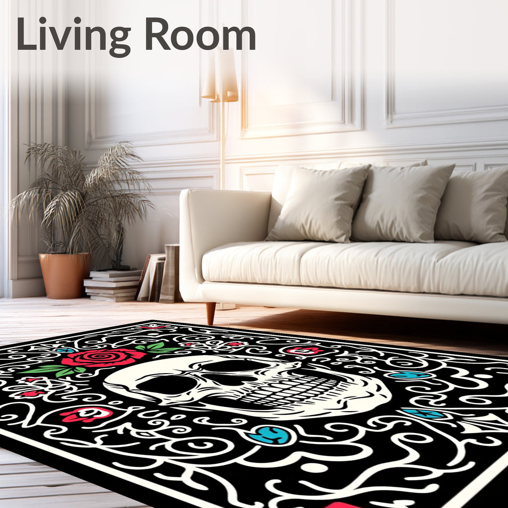 Red Rose Skull Black Vine Arrangement Rug