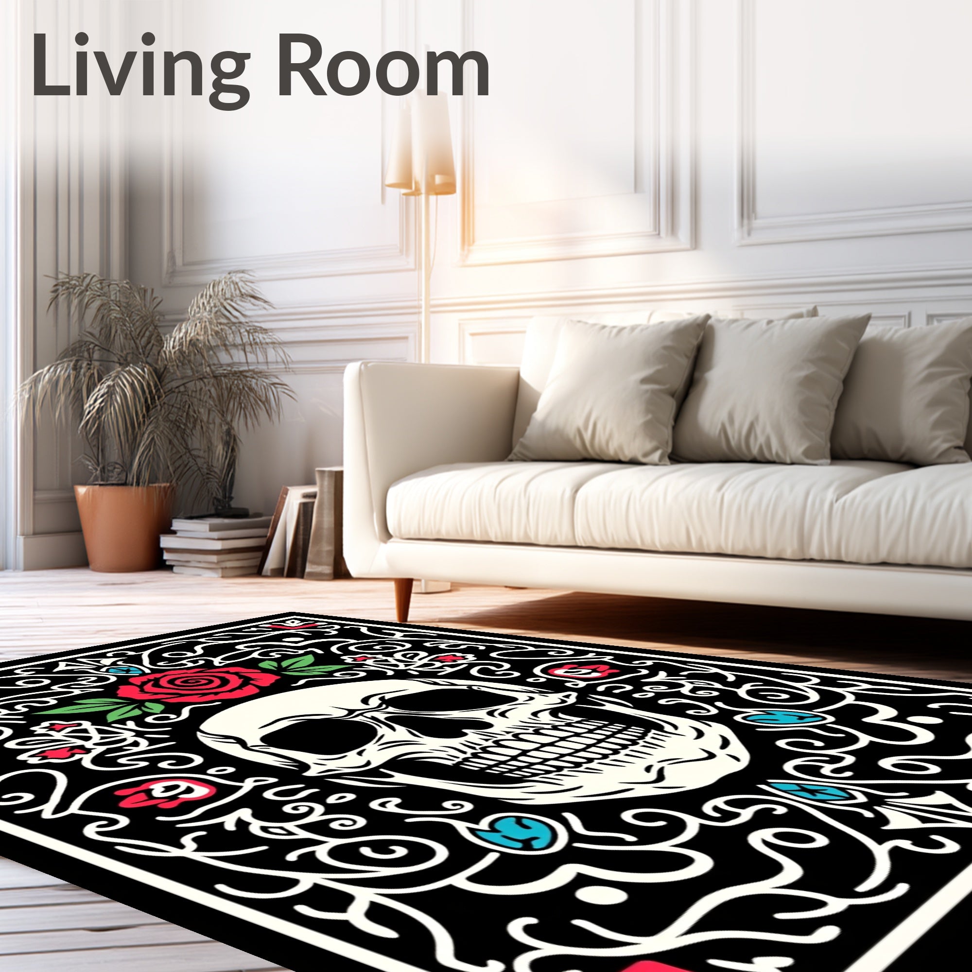 Red Rose Skull Black Vine Arrangement Rug