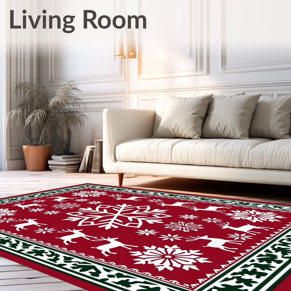 Red Yuletide Reindeer Snow Flake Collage Rug