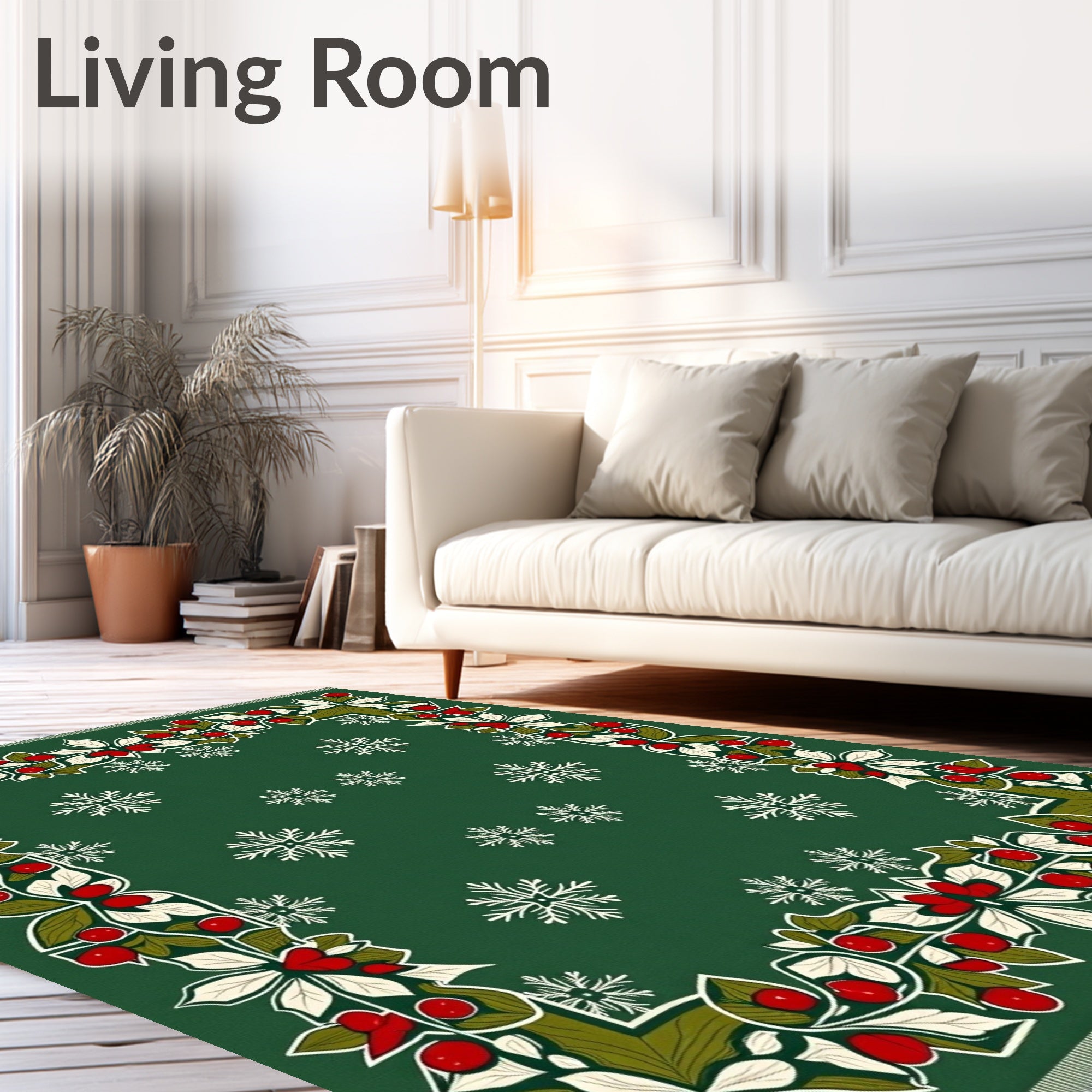 Green Holly Berry Snowflake Border Rug