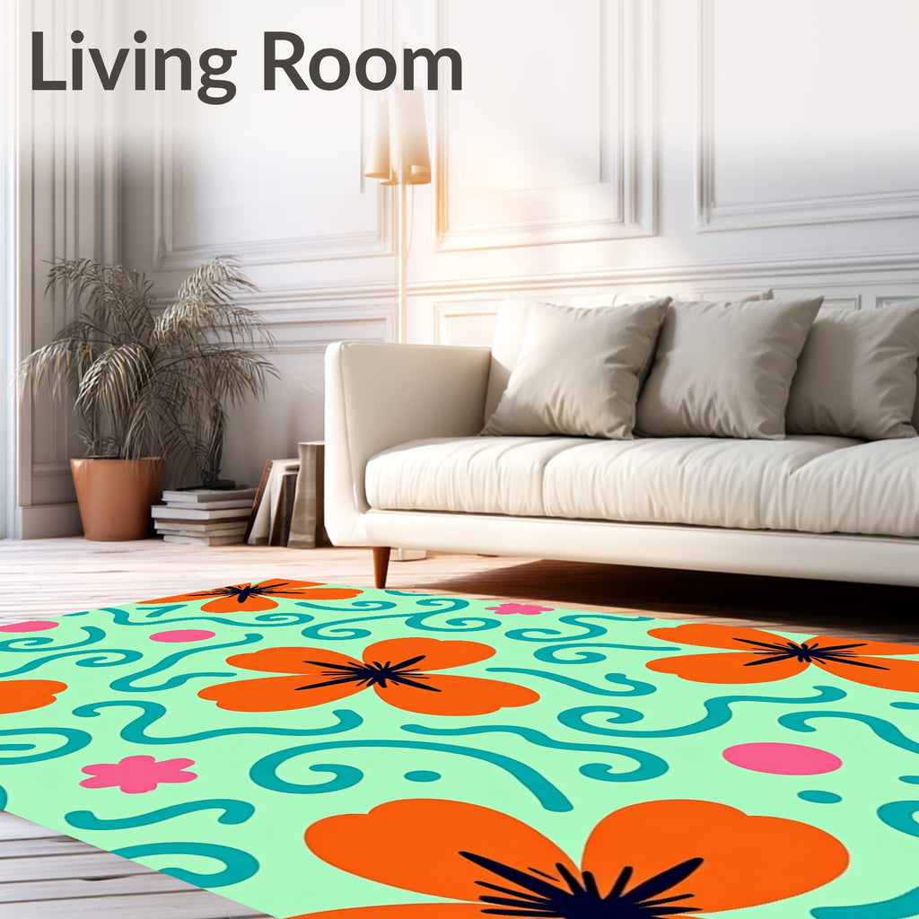 Modern Orange Floral Teal Swirl Rug