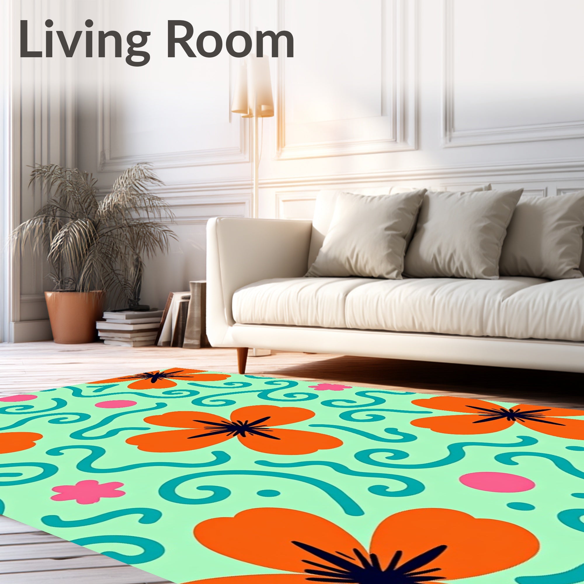 Modern Orange Floral Teal Swirl Rug