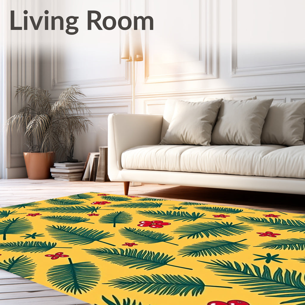 Red Hibiscus Green Palm Frond Rug