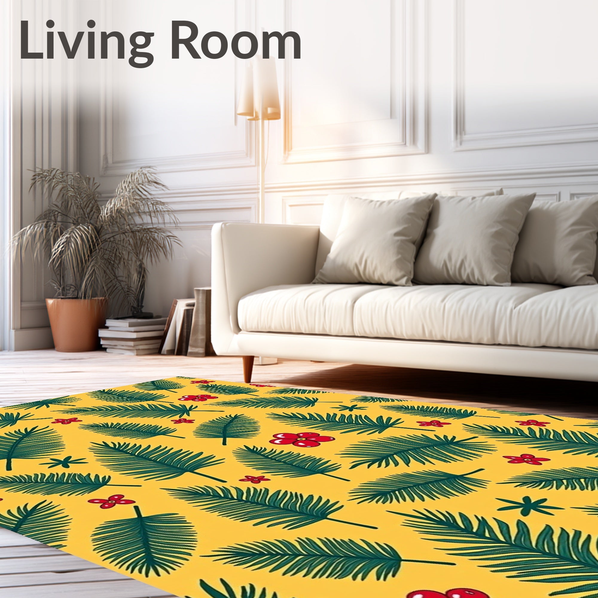 Red Hibiscus Green Palm Frond Rug